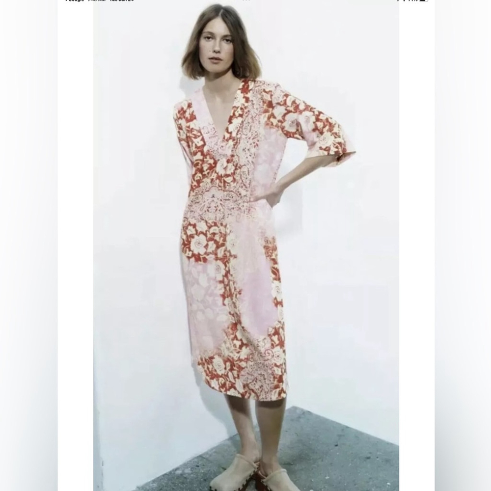 Zara Floral Printed Linen Blend Midi Tunic/Caftan Summer Dress in Sz XS